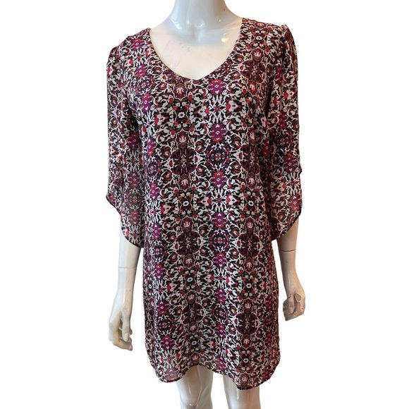 Emerald Sundae Womens Floral Shift Dress 3/4 Sleeve Back Keyhole White Purple S - Picture 1 of 8